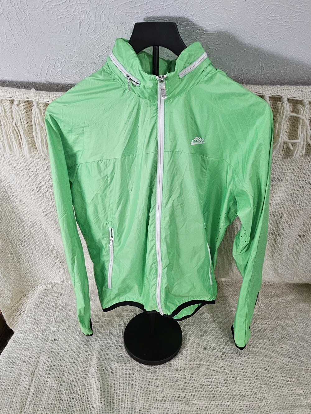 Nike Neon Green Windbreaker Jacket with White Trim Size large